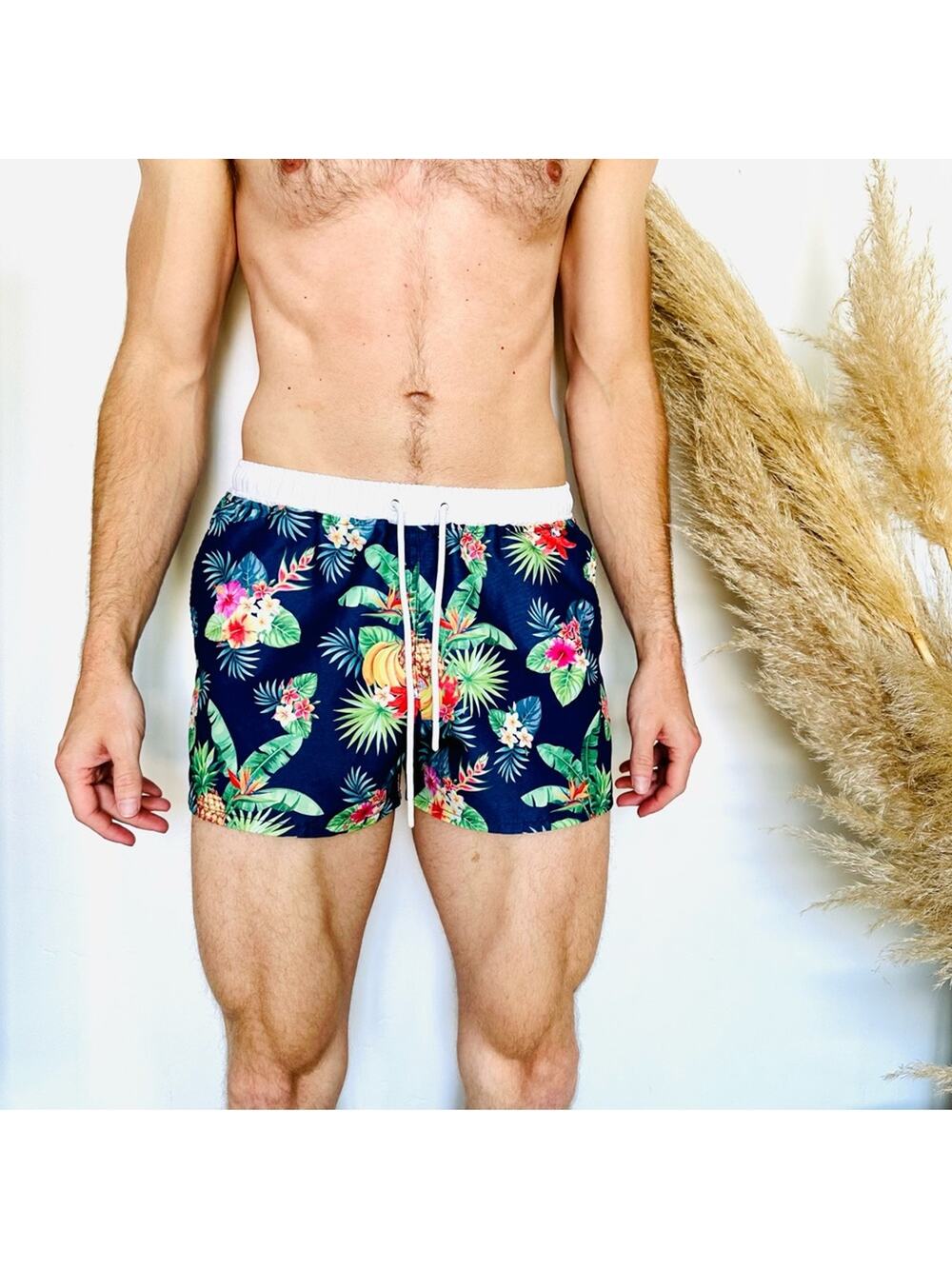MENS AUSSIEBUM Navy Blue White Floral Palm Swim Trunks Shorts Pockets Unlined M